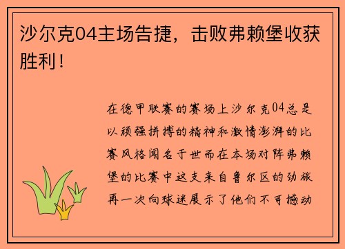 沙尔克04主场告捷，击败弗赖堡收获胜利！